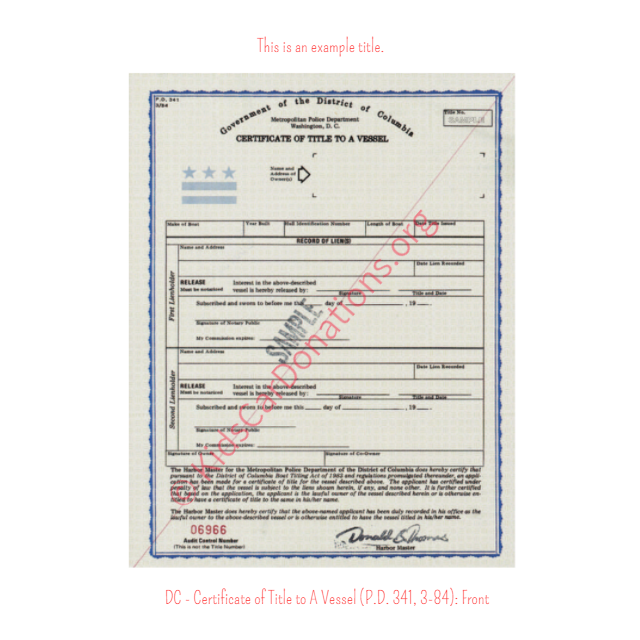 This is an Example of District Of Columbia Certificate of Title to A Vessel (P.D 341, 3-84) Front View | Kids Car Donations